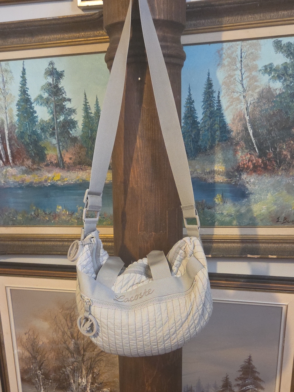 Lacoste Quilted Cream Shoulder Bag with Adjustable Strap